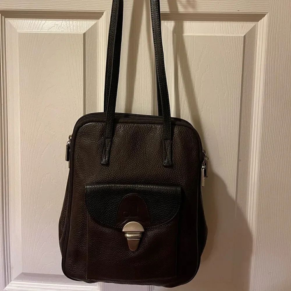 Joanel Argentina Vintage Brown Black Leather Shoulder Bag.Brass hardware.